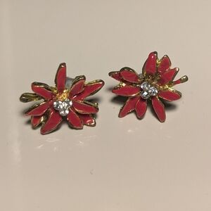🎁 Estate Vintage Red Goldtone Enamel Floral Poinsettia Pierced Earrings Flaws